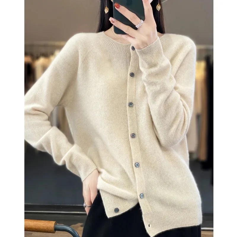 2024Spring and Autumn  New 100% pure merino cashmere sweater women's O-neck cardigan loose long-sleeved sweater top