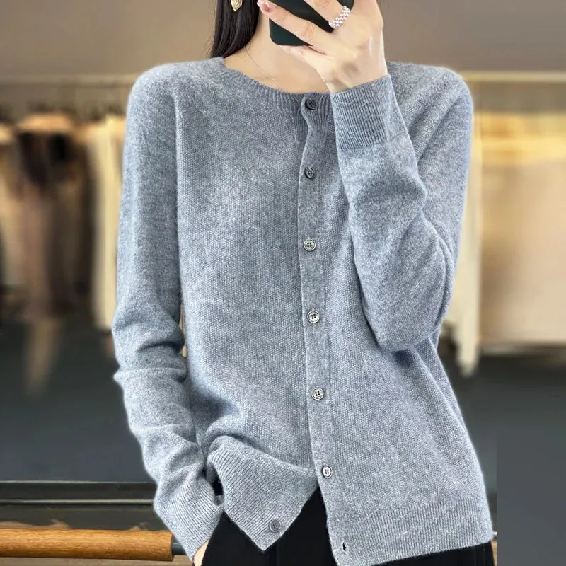 2024Spring and Autumn  New 100% pure merino cashmere sweater women's O-neck cardigan loose long-sleeved sweater top