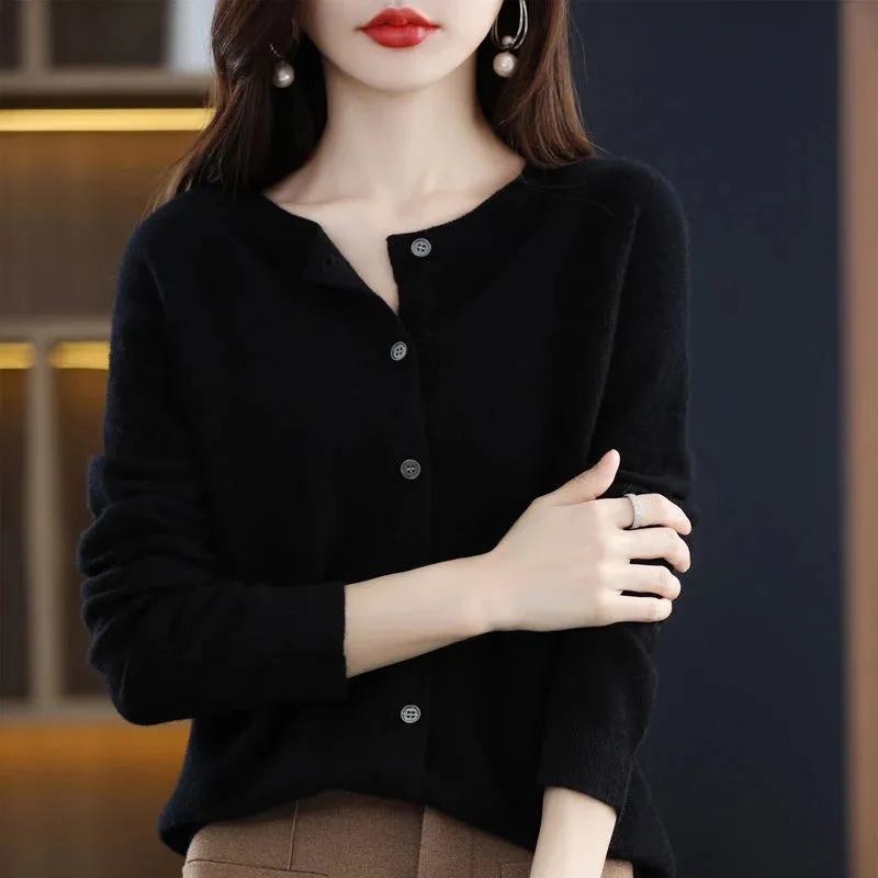 2024Spring and Autumn  New 100% pure merino cashmere sweater women's O-neck cardigan loose long-sleeved sweater top
