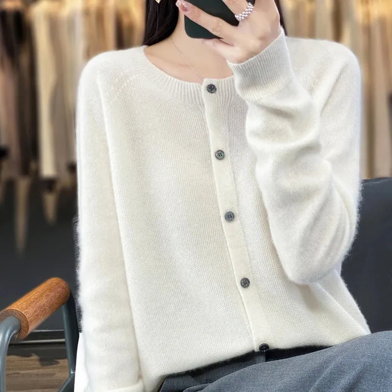 2024Spring and Autumn  New 100% pure merino cashmere sweater women's O-neck cardigan loose long-sleeved sweater top