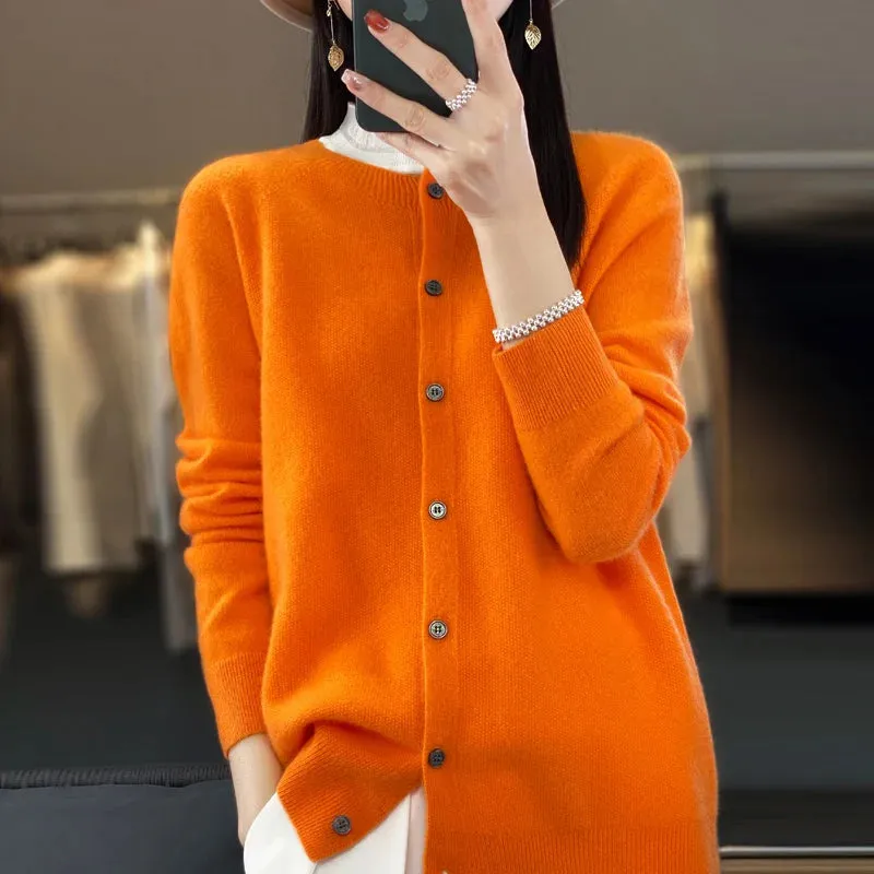 2024Spring and Autumn  New 100% pure merino cashmere sweater women's O-neck cardigan loose long-sleeved sweater top