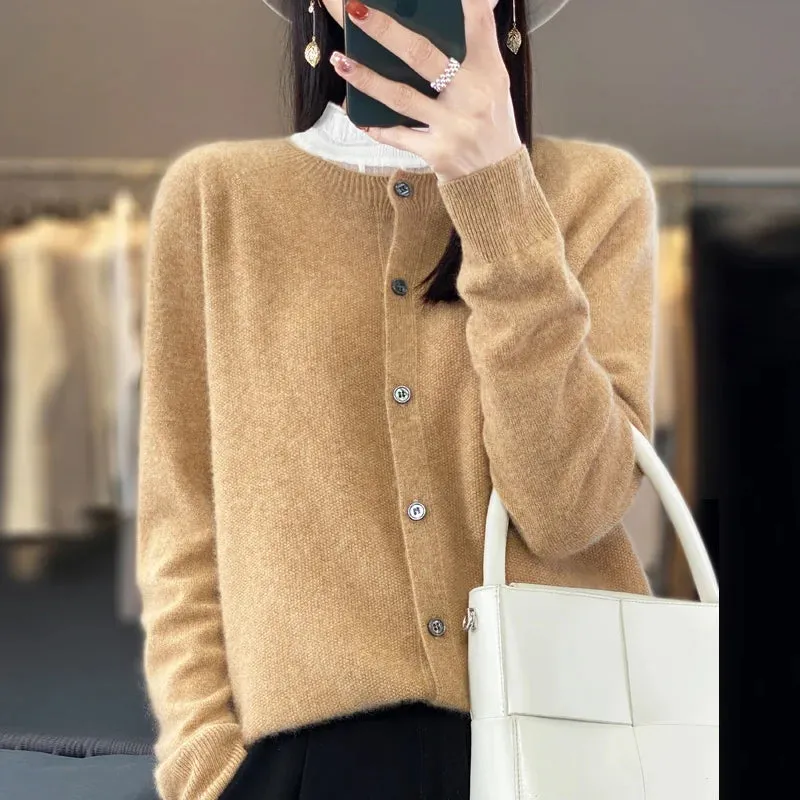 2024Spring and Autumn  New 100% pure merino cashmere sweater women's O-neck cardigan loose long-sleeved sweater top