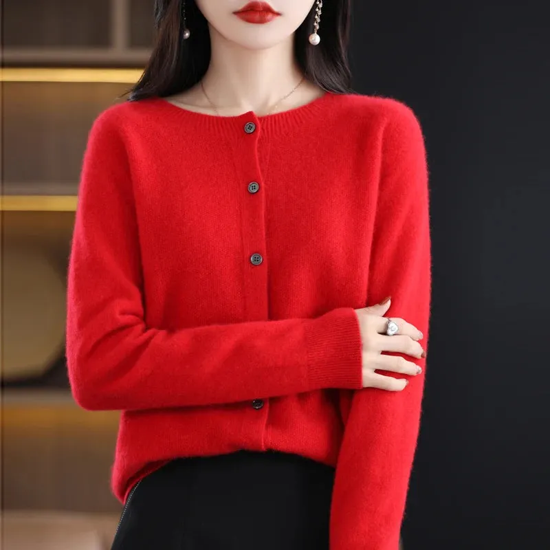 2024Spring and Autumn  New 100% pure merino cashmere sweater women's O-neck cardigan loose long-sleeved sweater top