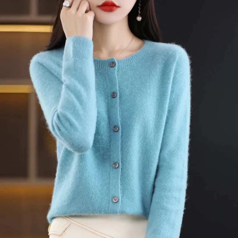 2024Spring and Autumn  New 100% pure merino cashmere sweater women's O-neck cardigan loose long-sleeved sweater top