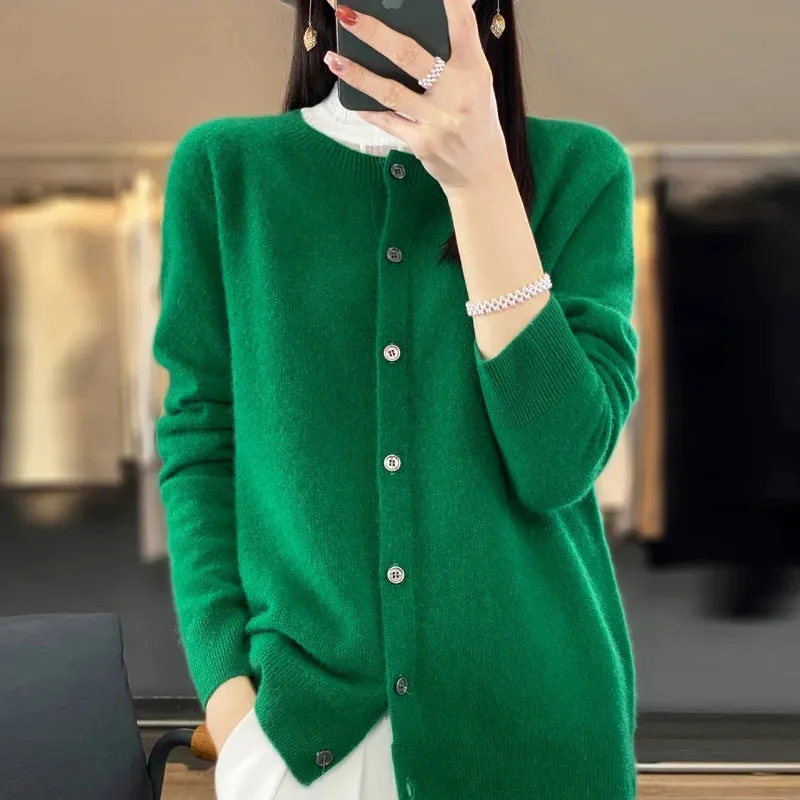 2024Spring and Autumn  New 100% pure merino cashmere sweater women's O-neck cardigan loose long-sleeved sweater top