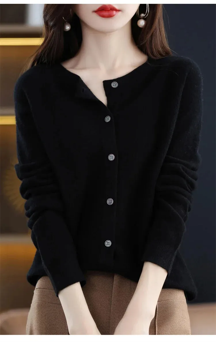 2024Spring and Autumn  New 100% pure merino cashmere sweater women's O-neck cardigan loose long-sleeved sweater top