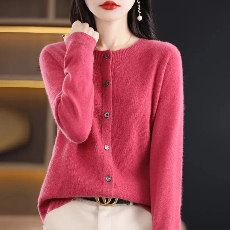 2024Spring and Autumn  New 100% pure merino cashmere sweater women's O-neck cardigan loose long-sleeved sweater top