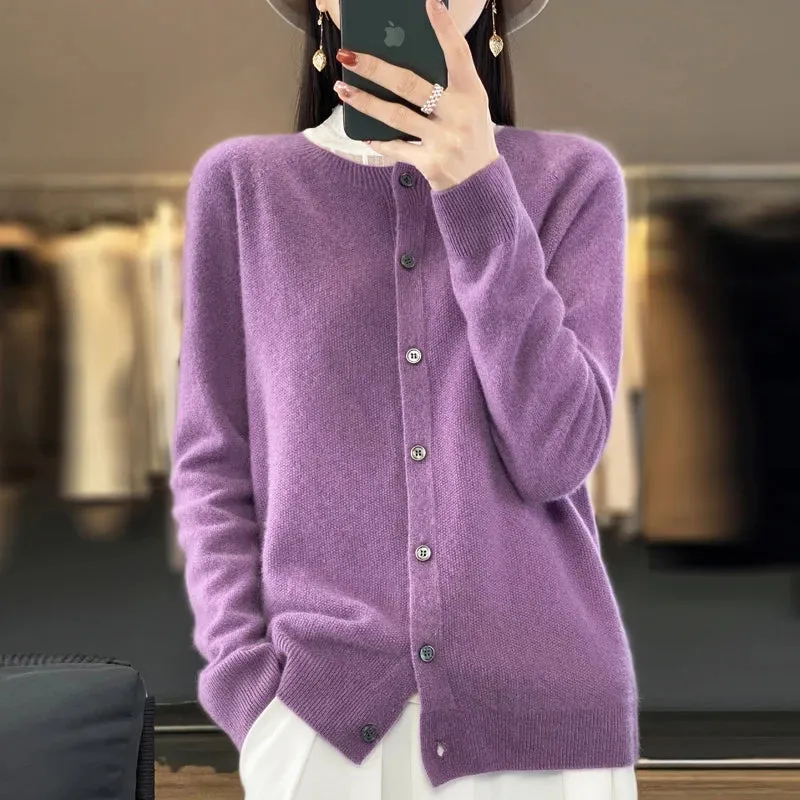 2024Spring and Autumn  New 100% pure merino cashmere sweater women's O-neck cardigan loose long-sleeved sweater top