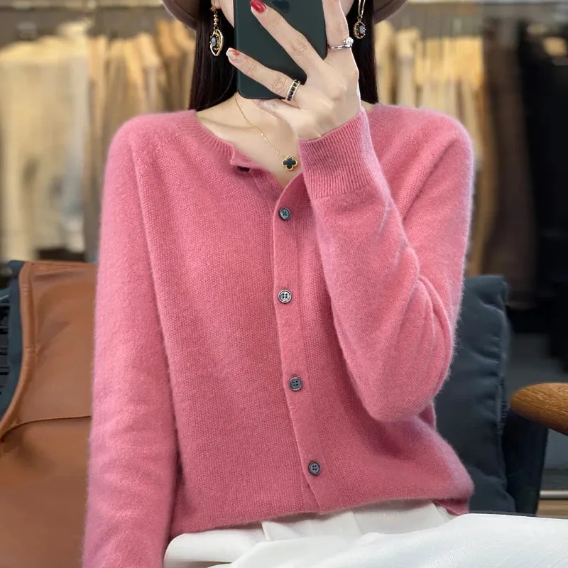 2024Spring and Autumn  New 100% pure merino cashmere sweater women's O-neck cardigan loose long-sleeved sweater top