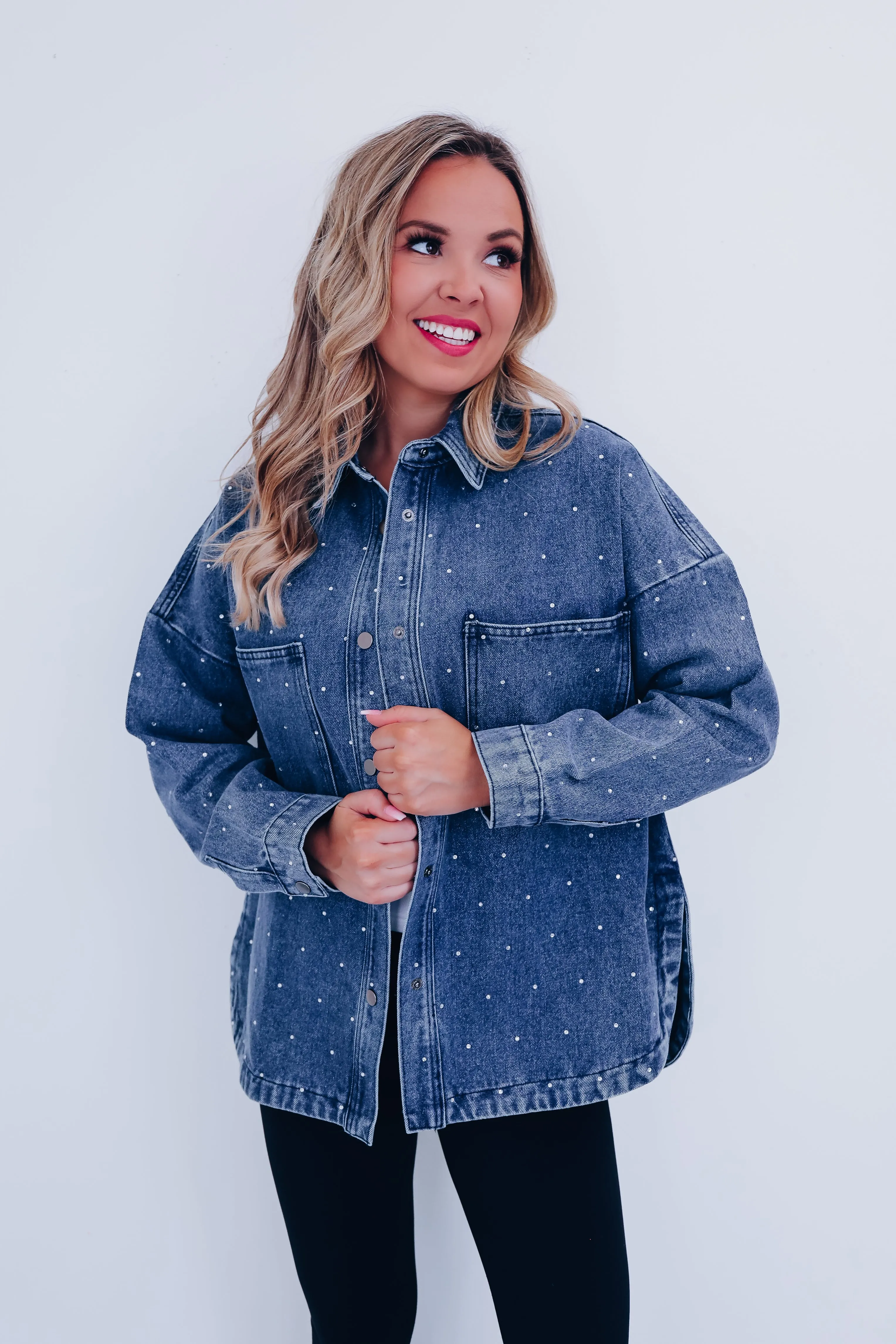 Ada Adorned Denim Shacket - Denim Blue