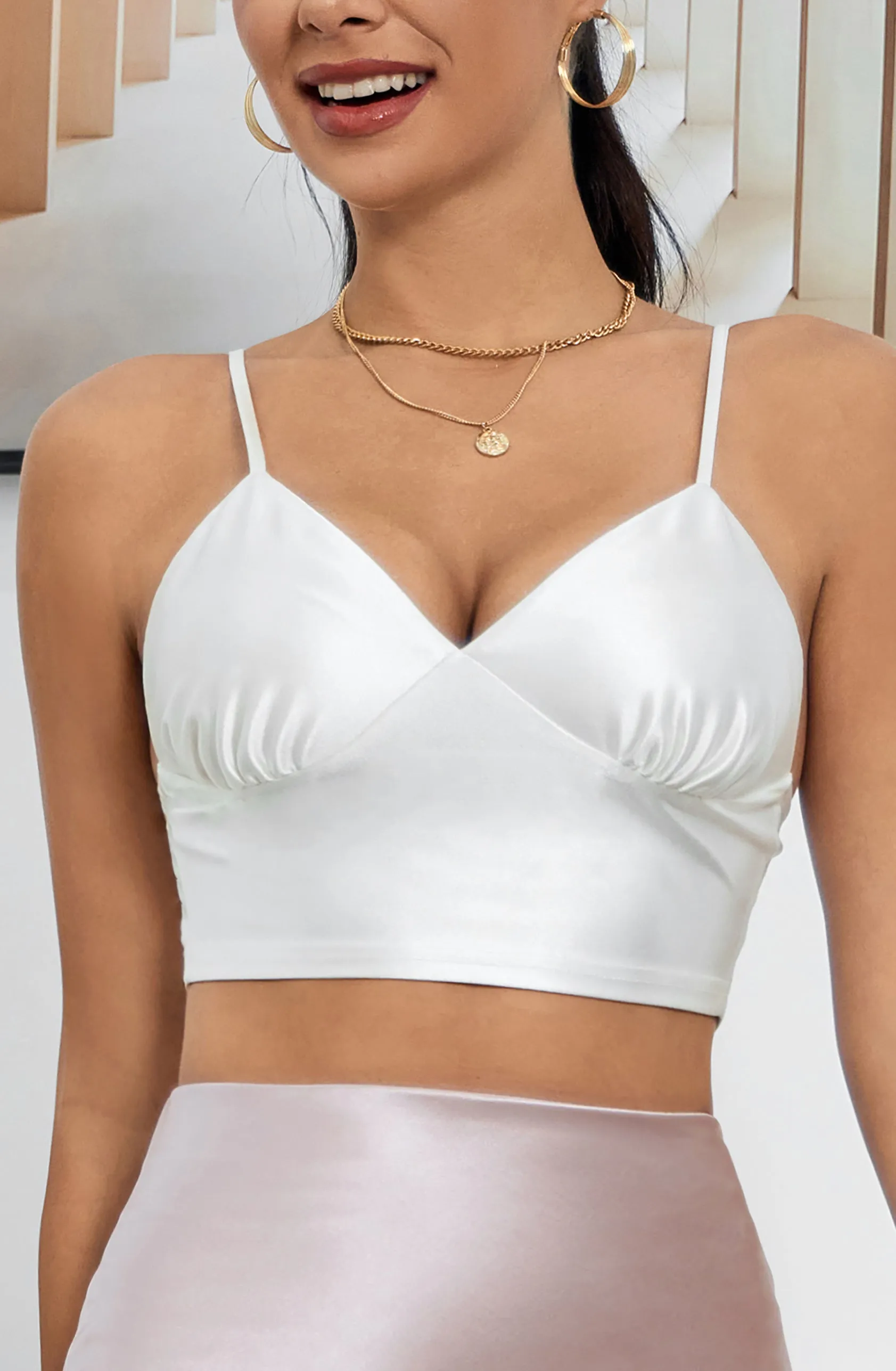 ALCEA ROSEA Women's Sexy Satin Crop Top Sleeveless Deep V Neck Blackless Spaghetti Straps Cropped Tops Without Bra Pad White