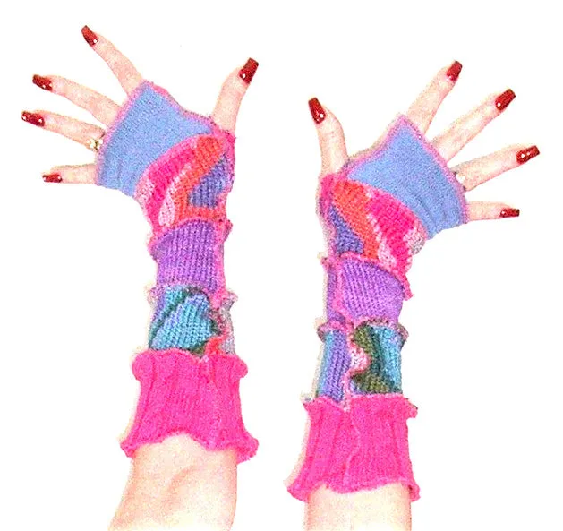 Arm Warmers "Hot Pink Dream" Light Purple Cornflower Blue Orange Green Wearable Art Made From Recycled Sweaters