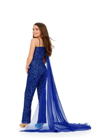Ashley Lauren Kids 8191 size 16 Royal blue girls beaded jumpsuit one shoulder chiffon cape