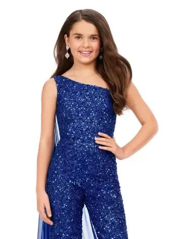 Ashley Lauren Kids 8191 size 16 Royal blue girls beaded jumpsuit one shoulder chiffon cape