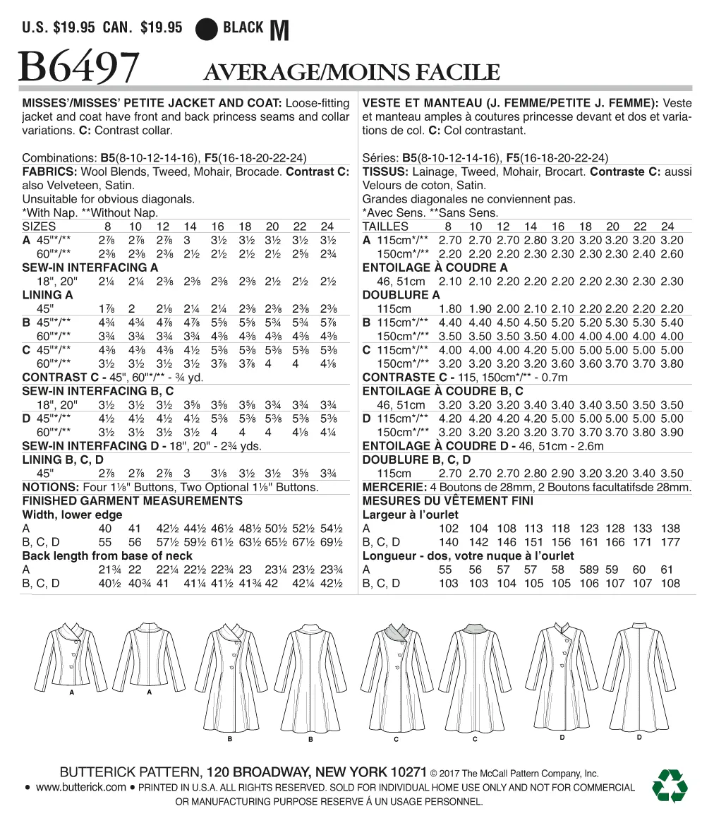 B6497 Misses'/Misses' Petite Jacket and Coats with Asymmetrical Front and Collar Variations (Size: 8-10-12-14-16)