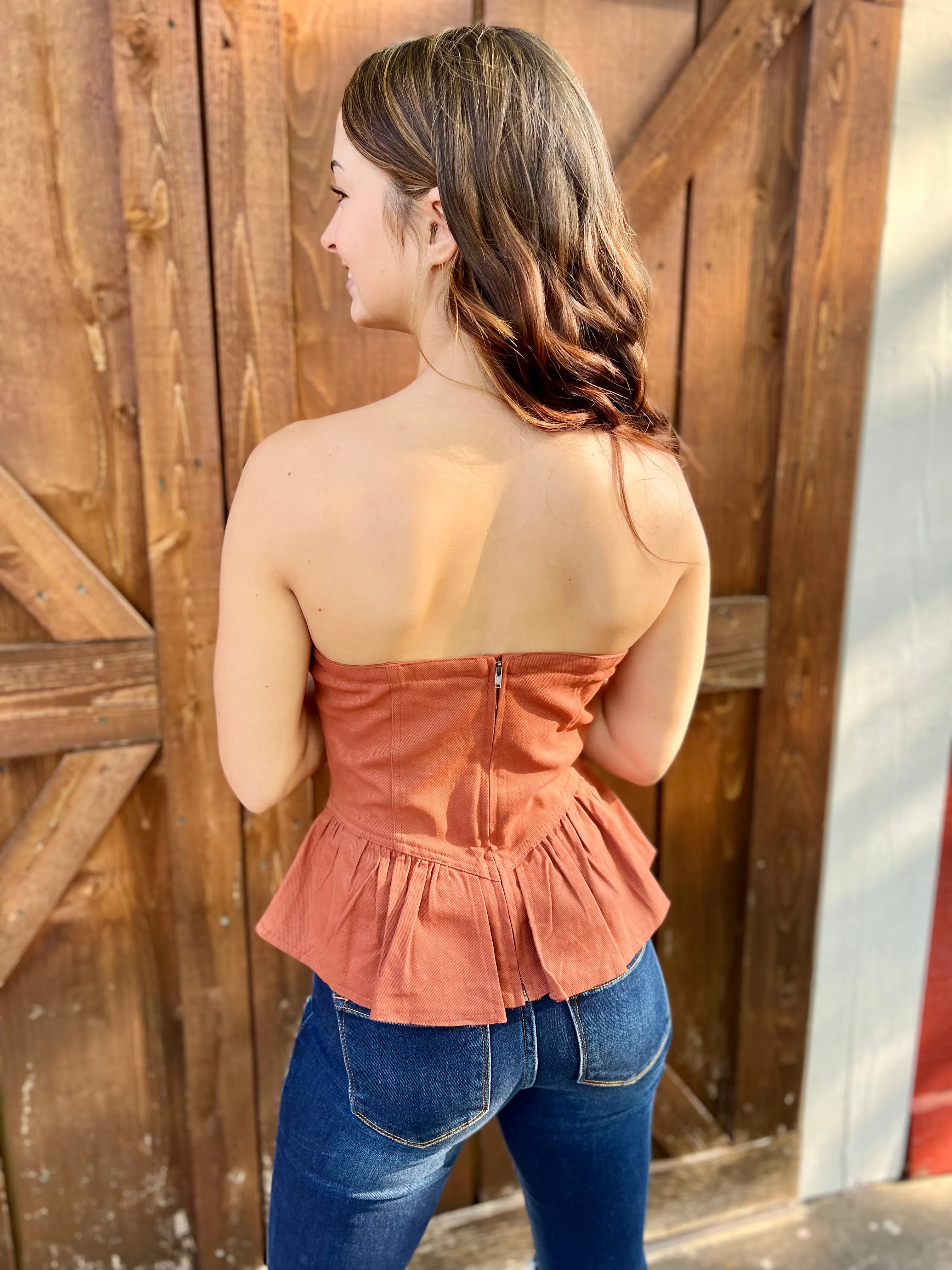 Baby It's Fall Brick Denim Strapless Top