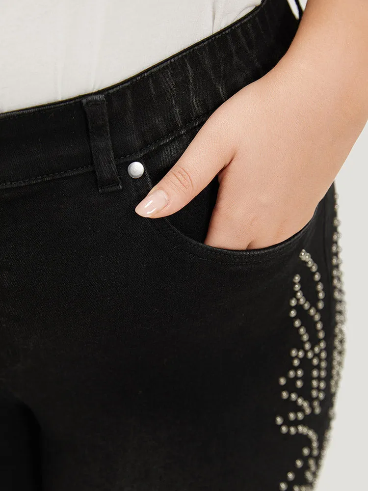Beaded Detail Pocket Very Stretchy Black Wash Jeans