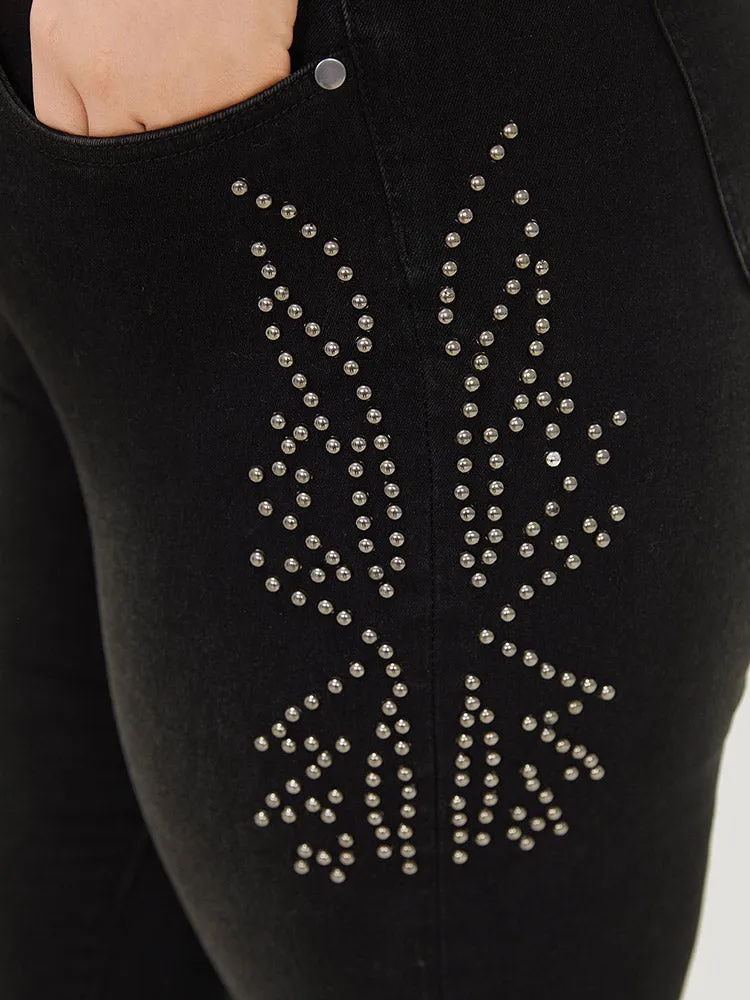 Beaded Detail Pocket Very Stretchy Black Wash Jeans