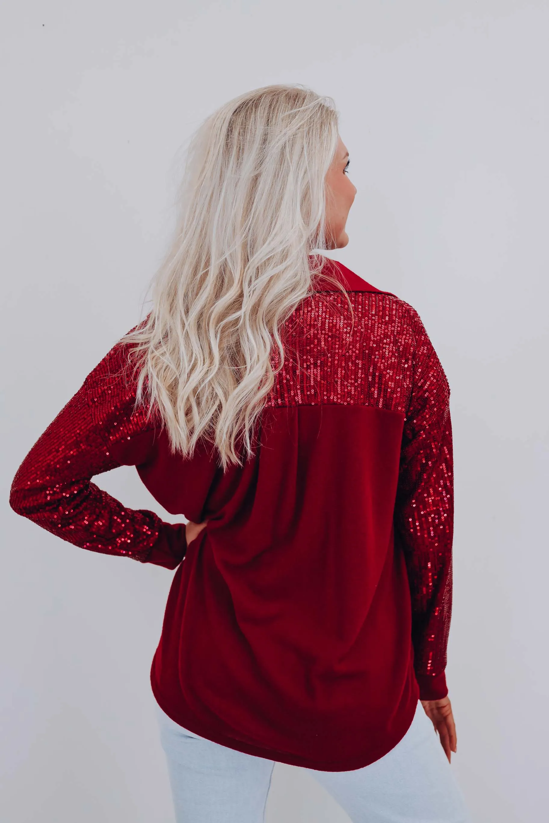 Blazing Bling Sequin Shacket - Burgundy