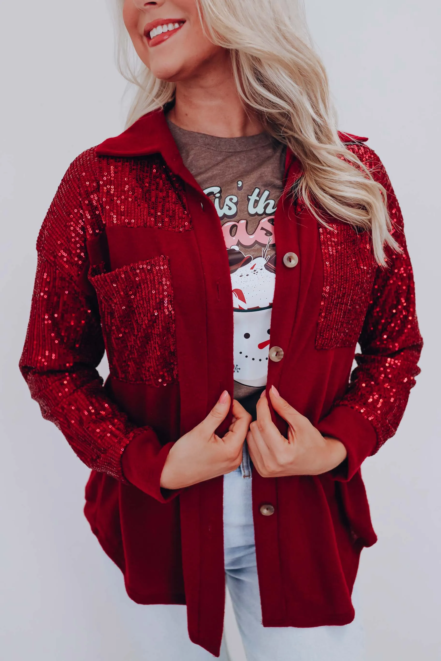 Blazing Bling Sequin Shacket - Burgundy
