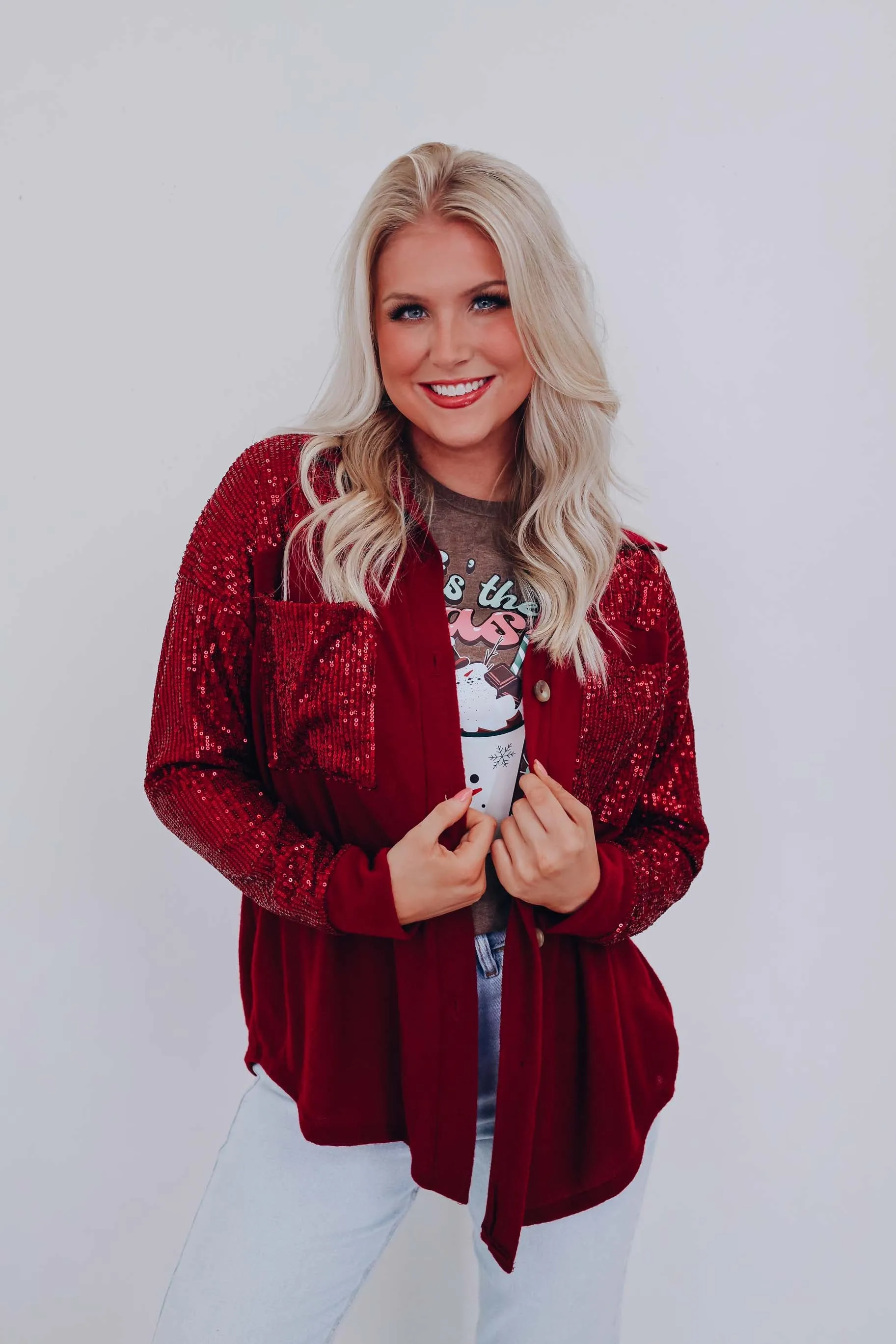 Blazing Bling Sequin Shacket - Burgundy