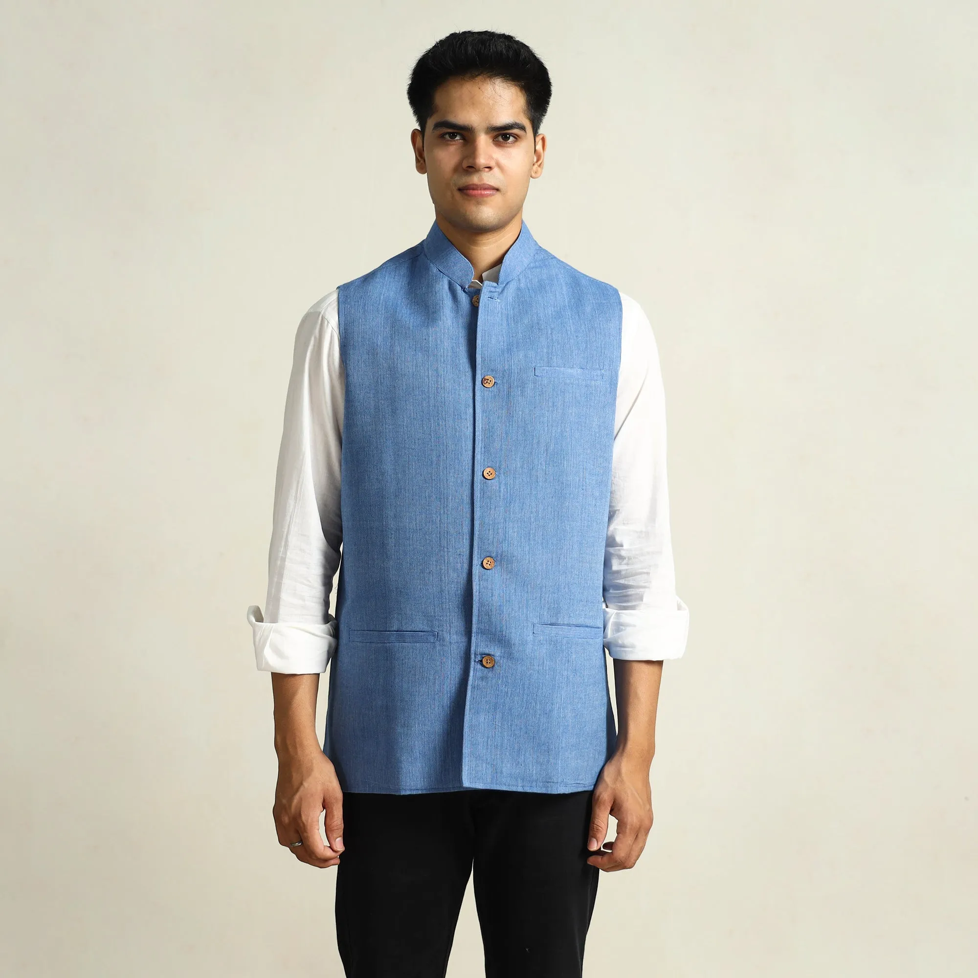 Blue - Pure Cotton Handloom Men Nehru Jacket 06