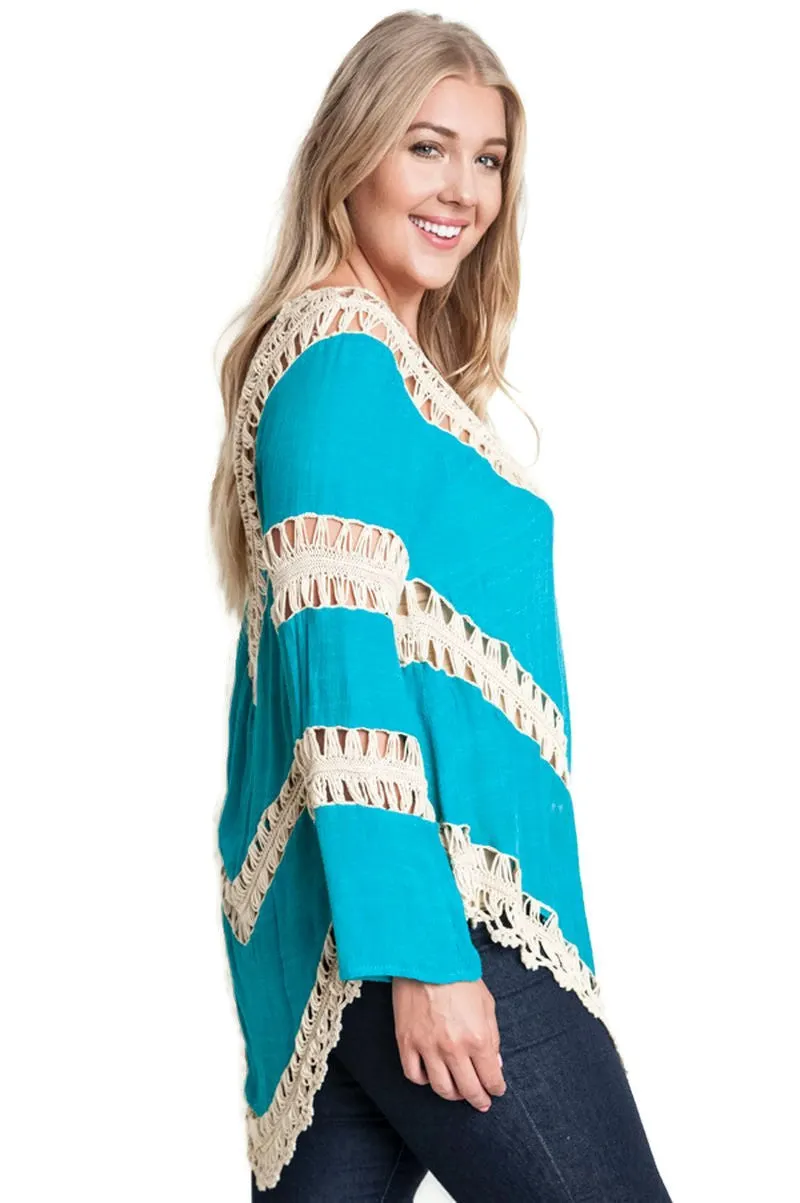 Bohemian Lacy Crochet Trim Tunic, Teal