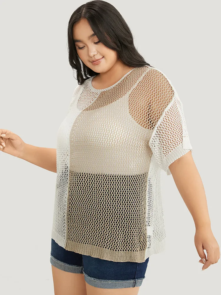 Colorblock Contrast Hollow Out Batwing Sleeve Knit Top