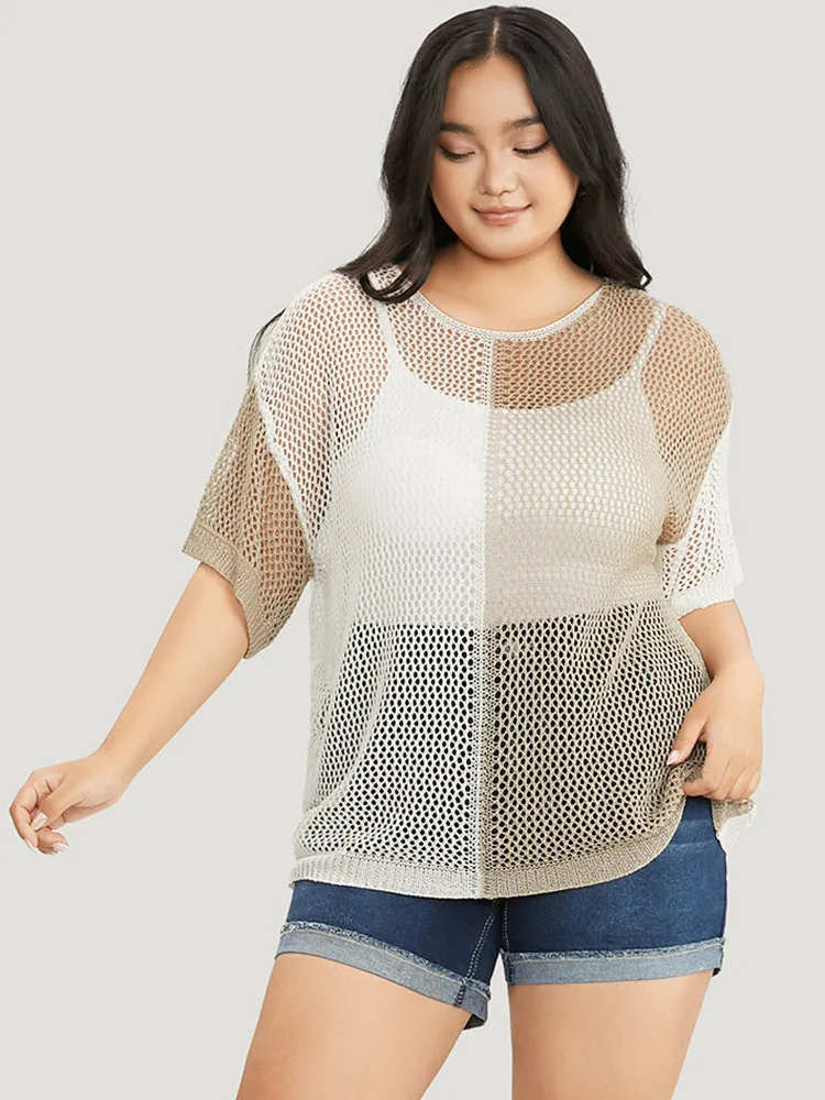 Colorblock Contrast Hollow Out Batwing Sleeve Knit Top