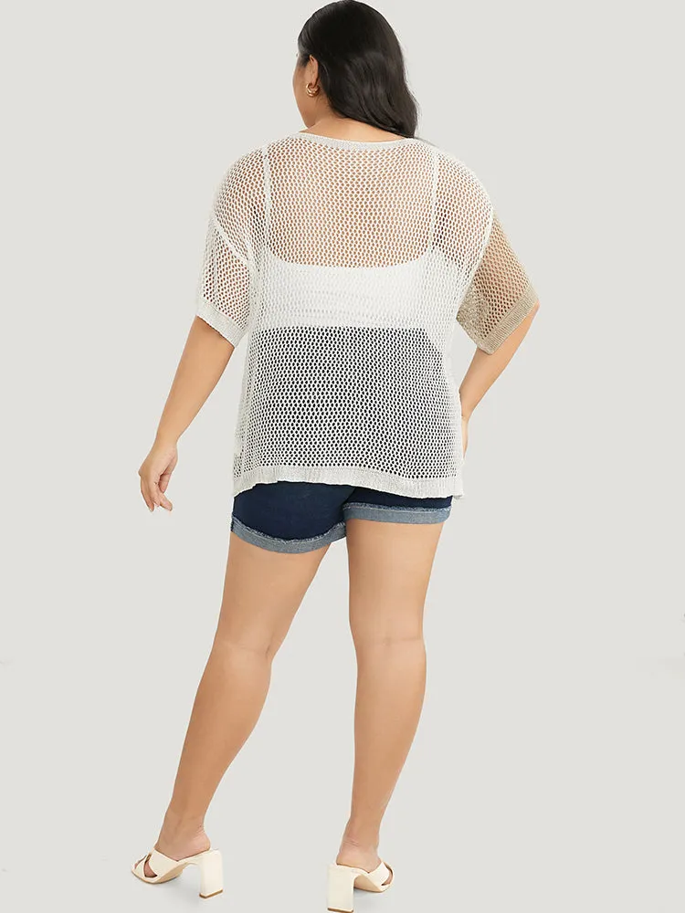 Colorblock Contrast Hollow Out Batwing Sleeve Knit Top