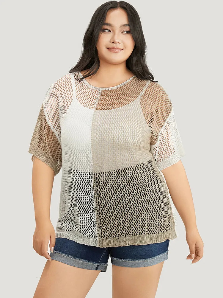 Colorblock Contrast Hollow Out Batwing Sleeve Knit Top