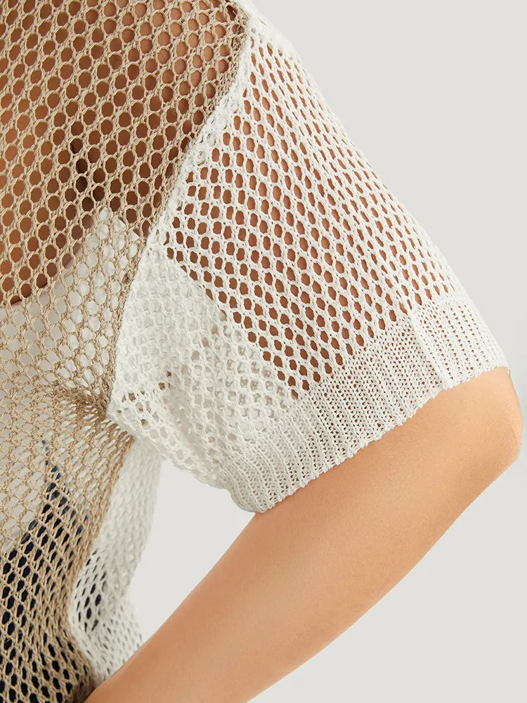 Colorblock Contrast Hollow Out Batwing Sleeve Knit Top