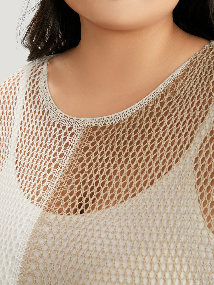 Colorblock Contrast Hollow Out Batwing Sleeve Knit Top