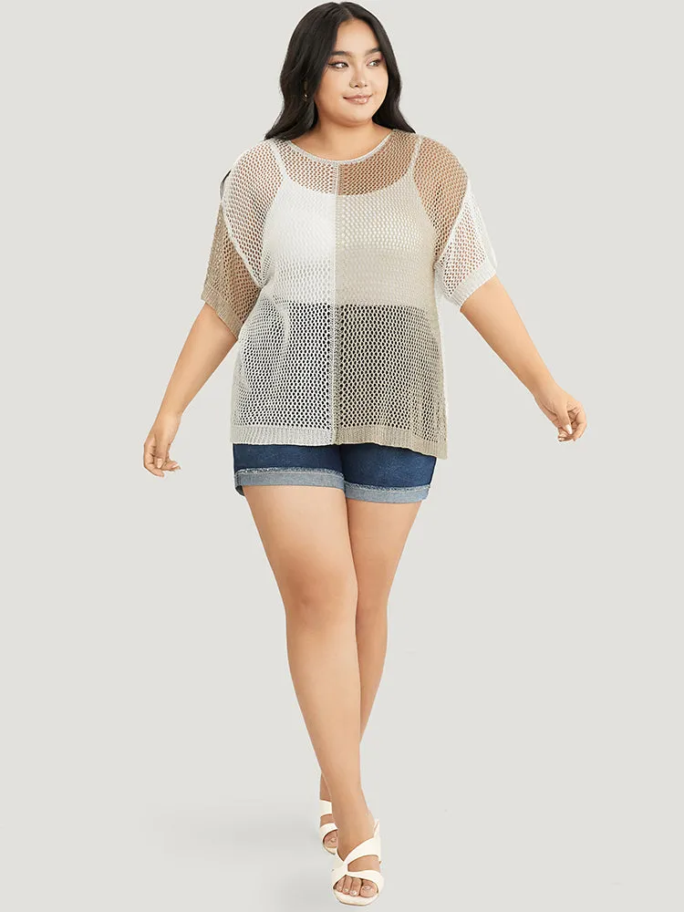 Colorblock Contrast Hollow Out Batwing Sleeve Knit Top