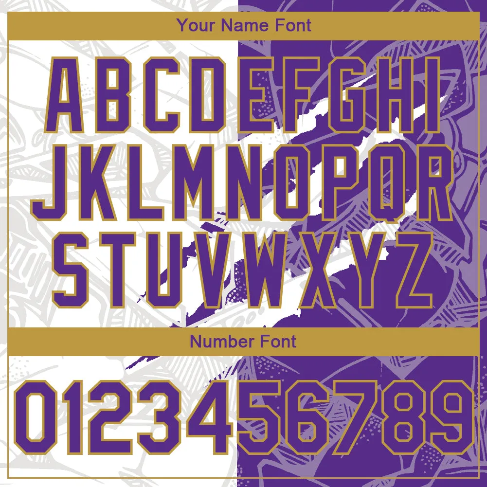 Custom Graffiti Pattern Purple-Old Gold Scratch 3D Bomber Full-Snap Varsity Letterman Hoodie Jacket