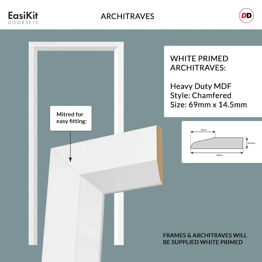 EasiKit Internal Door and Frame Kit - Breda 3 Pane 1 Panel Solid Wood Internal Door - Premium Primed - Colour & Glass Options