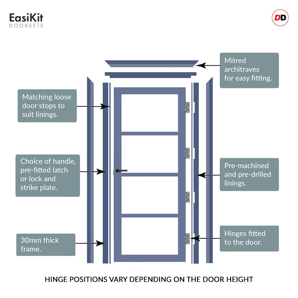 EasiKit Internal Door and Frame Kit - Brooklyn 4 Pane Solid Wood Internal Door - Premium Primed - Colour & Glass Options