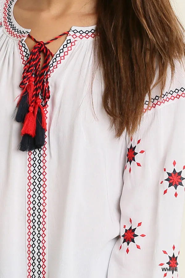Embroidered Tassel Tie Top