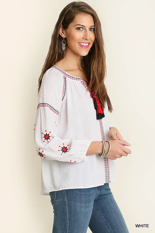 Embroidered Tassel Tie Top