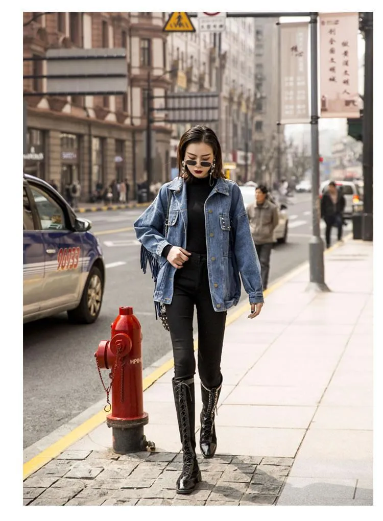 Embroidery Rivets Popular Denim Jacket Full Sleeve Tassel Women Clothes  New Casual Loose Fashion Cardigans
