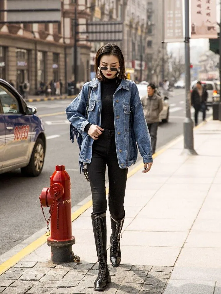 Embroidery Rivets Popular Denim Jacket Full Sleeve Tassel Women Clothes  New Casual Loose Fashion Cardigans