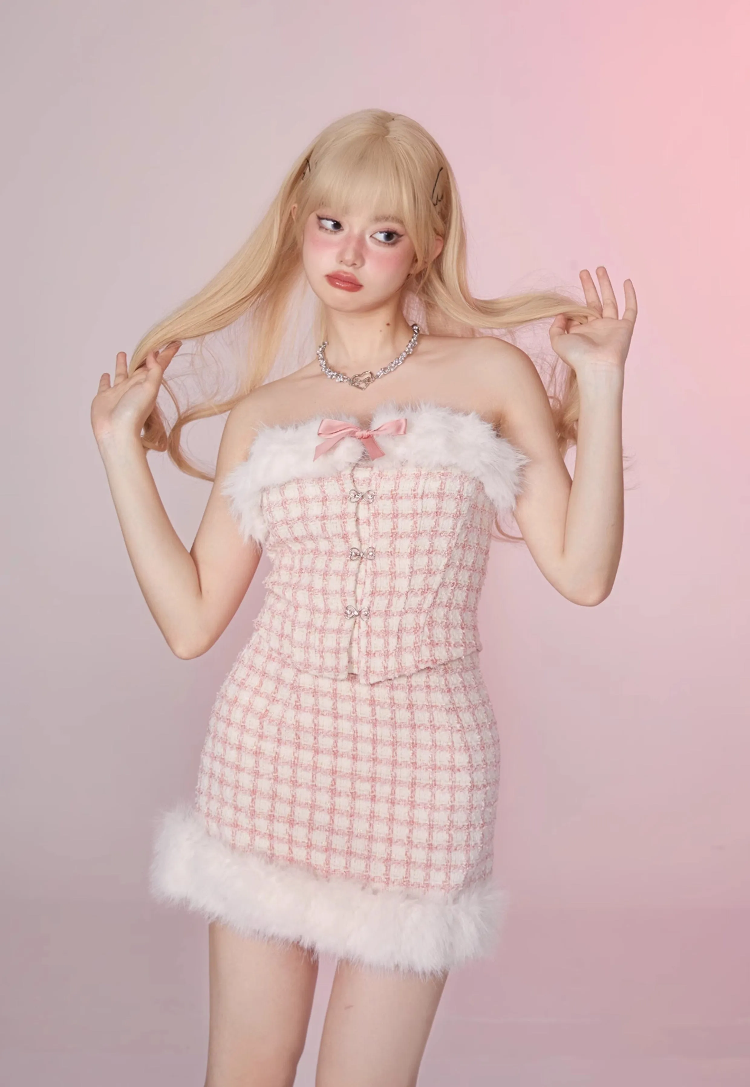Fancy Girl Anna Winter Pink Tweed Fur Plush Tube Top & Skirt & White Jacket Three Piece Set
