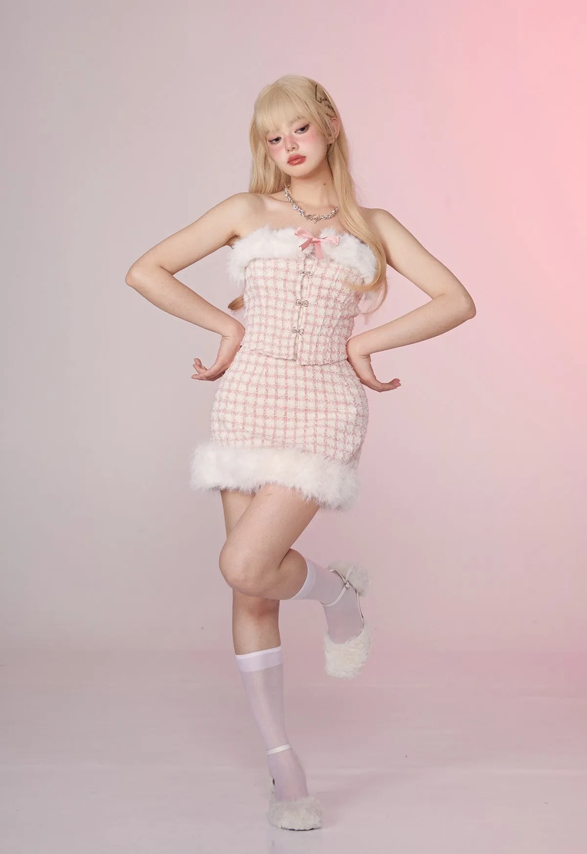 Fancy Girl Anna Winter Pink Tweed Fur Plush Tube Top & Skirt & White Jacket Three Piece Set