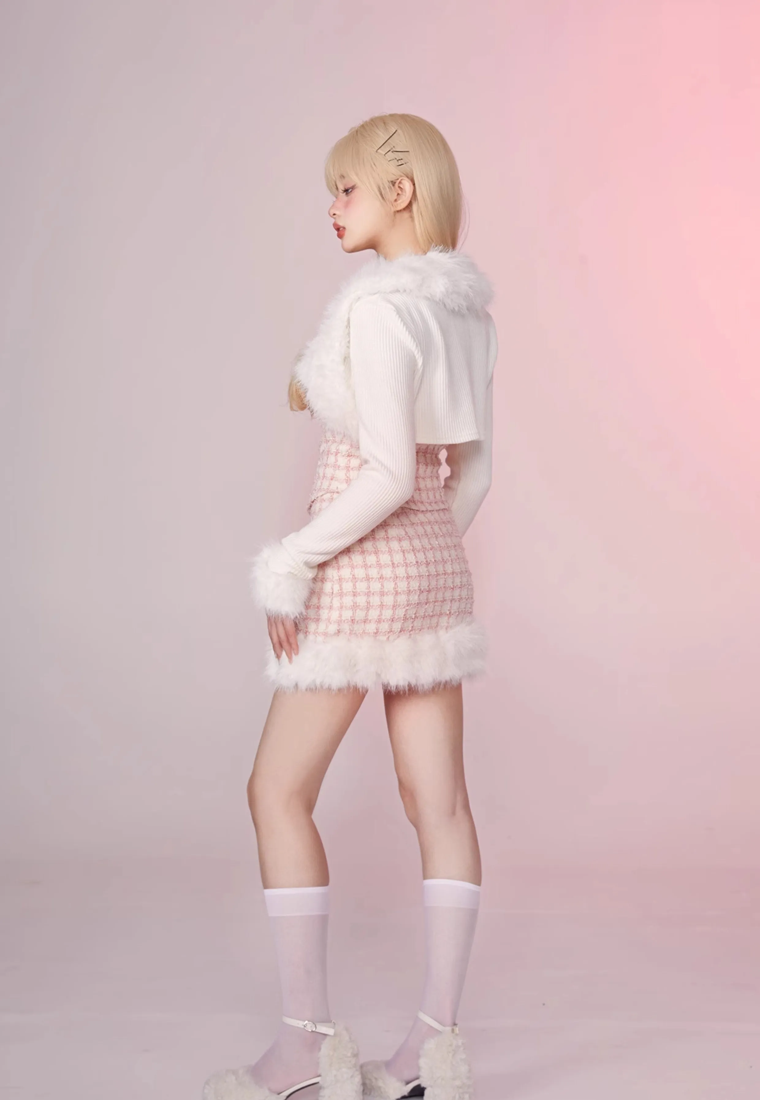 Fancy Girl Anna Winter Pink Tweed Fur Plush Tube Top & Skirt & White Jacket Three Piece Set