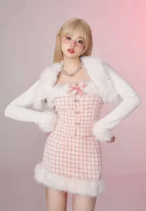 Fancy Girl Anna Winter Pink Tweed Fur Plush Tube Top & Skirt & White Jacket Three Piece Set