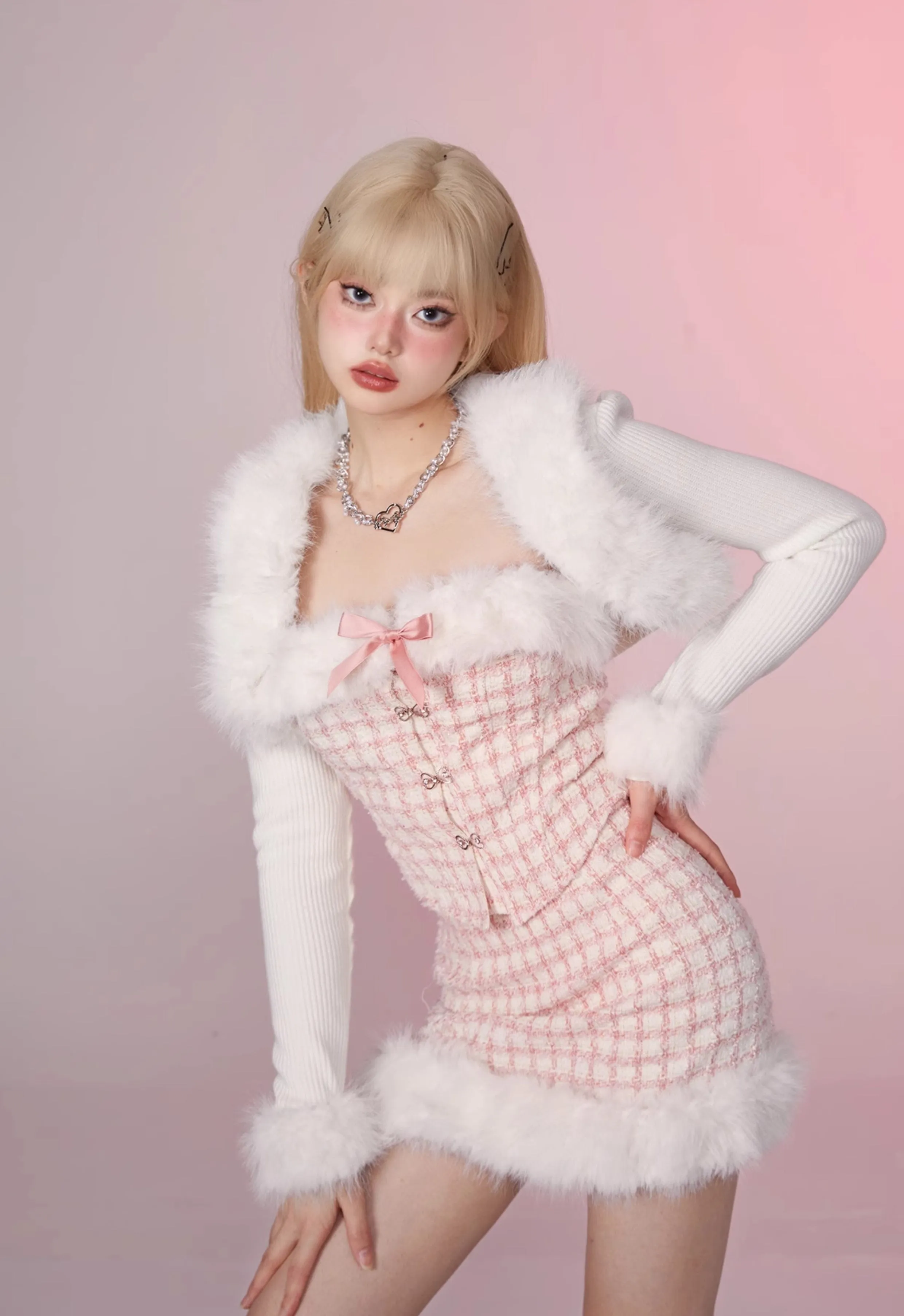 Fancy Girl Anna Winter Pink Tweed Fur Plush Tube Top & Skirt & White Jacket Three Piece Set