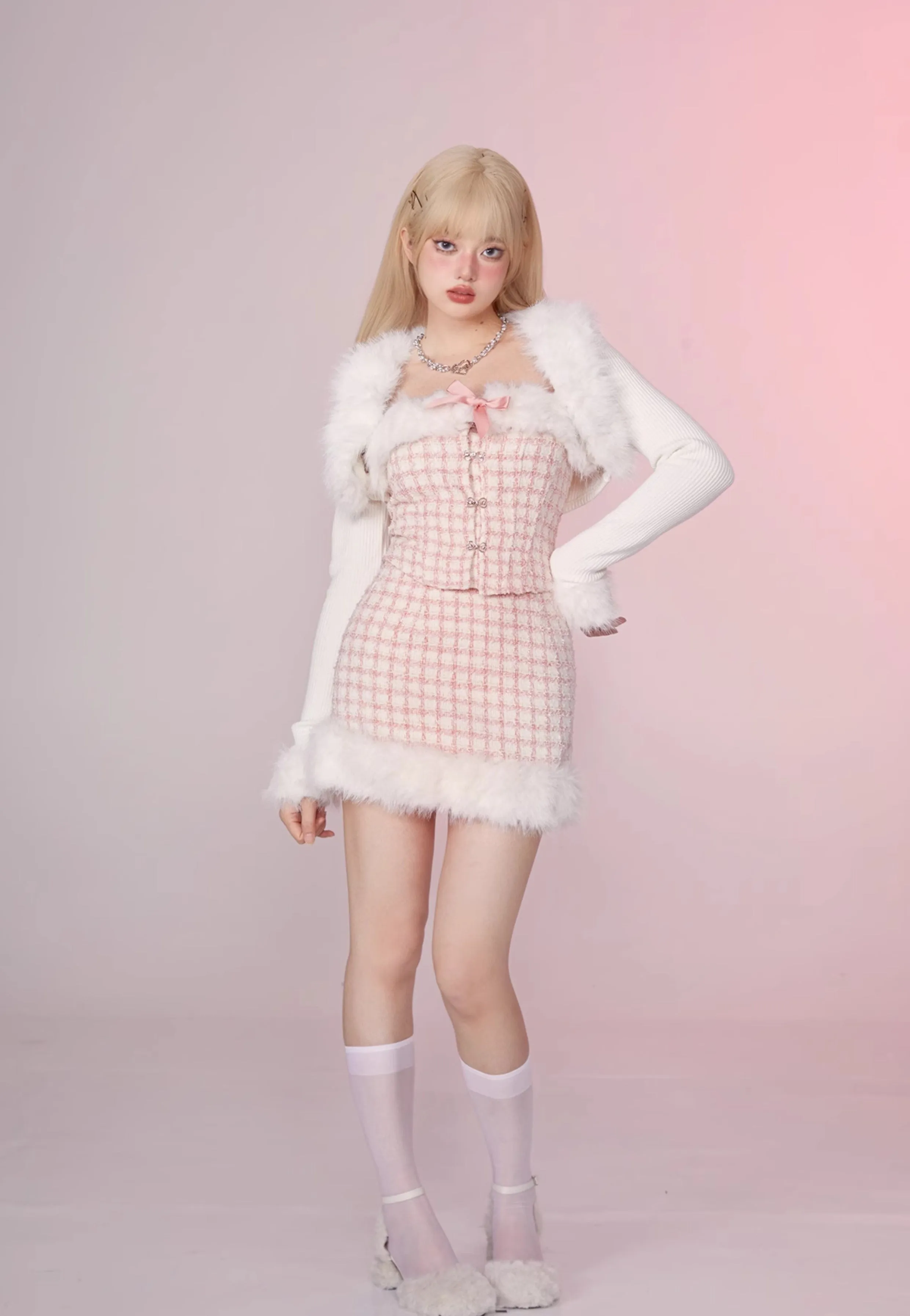 Fancy Girl Anna Winter Pink Tweed Fur Plush Tube Top & Skirt & White Jacket Three Piece Set