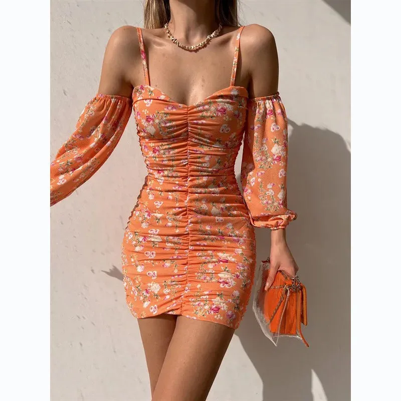 Floral Print Spring/Summer Women's Sleeveless Mini Dress 2024 Slash Neck Camisole