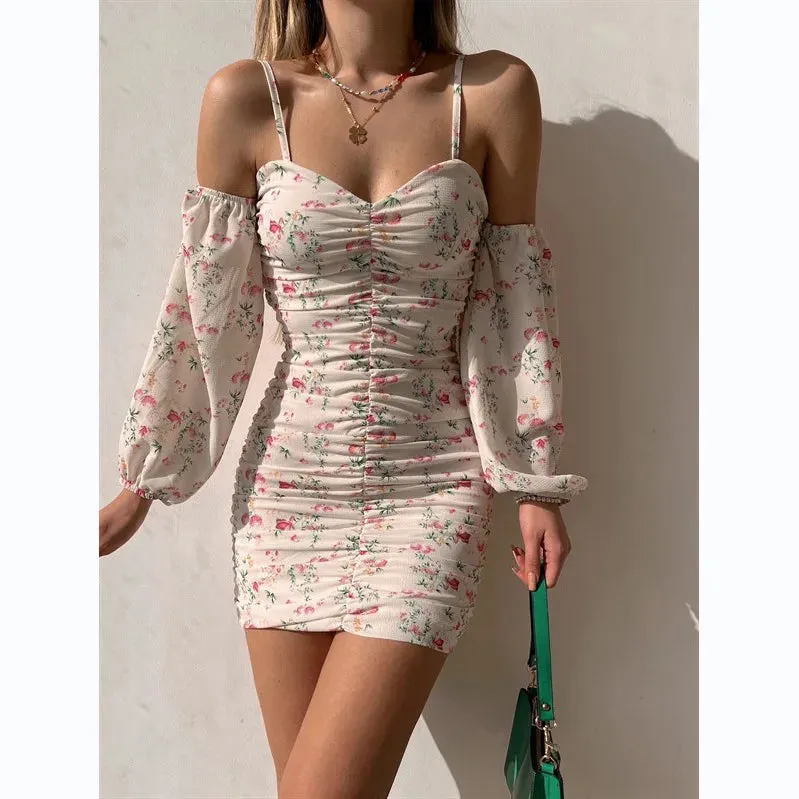 Floral Print Spring/Summer Women's Sleeveless Mini Dress 2024 Slash Neck Camisole