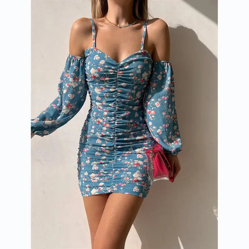 Floral Print Spring/Summer Women's Sleeveless Mini Dress 2024 Slash Neck Camisole